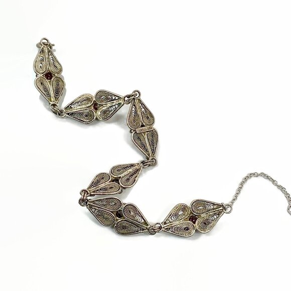 Cannetille Bracelet, Garnet,Sterling Silver, Israel, Wire Work, Filagree, Vintag - Picture 5 of 5